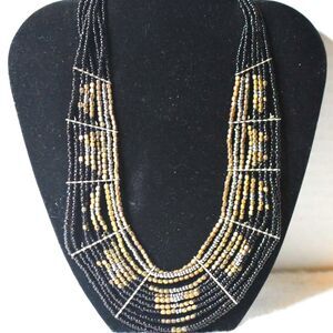 In Vogue Boho Black/Gold/Silver Beaded Layered 15"Chunky Choker Necklace